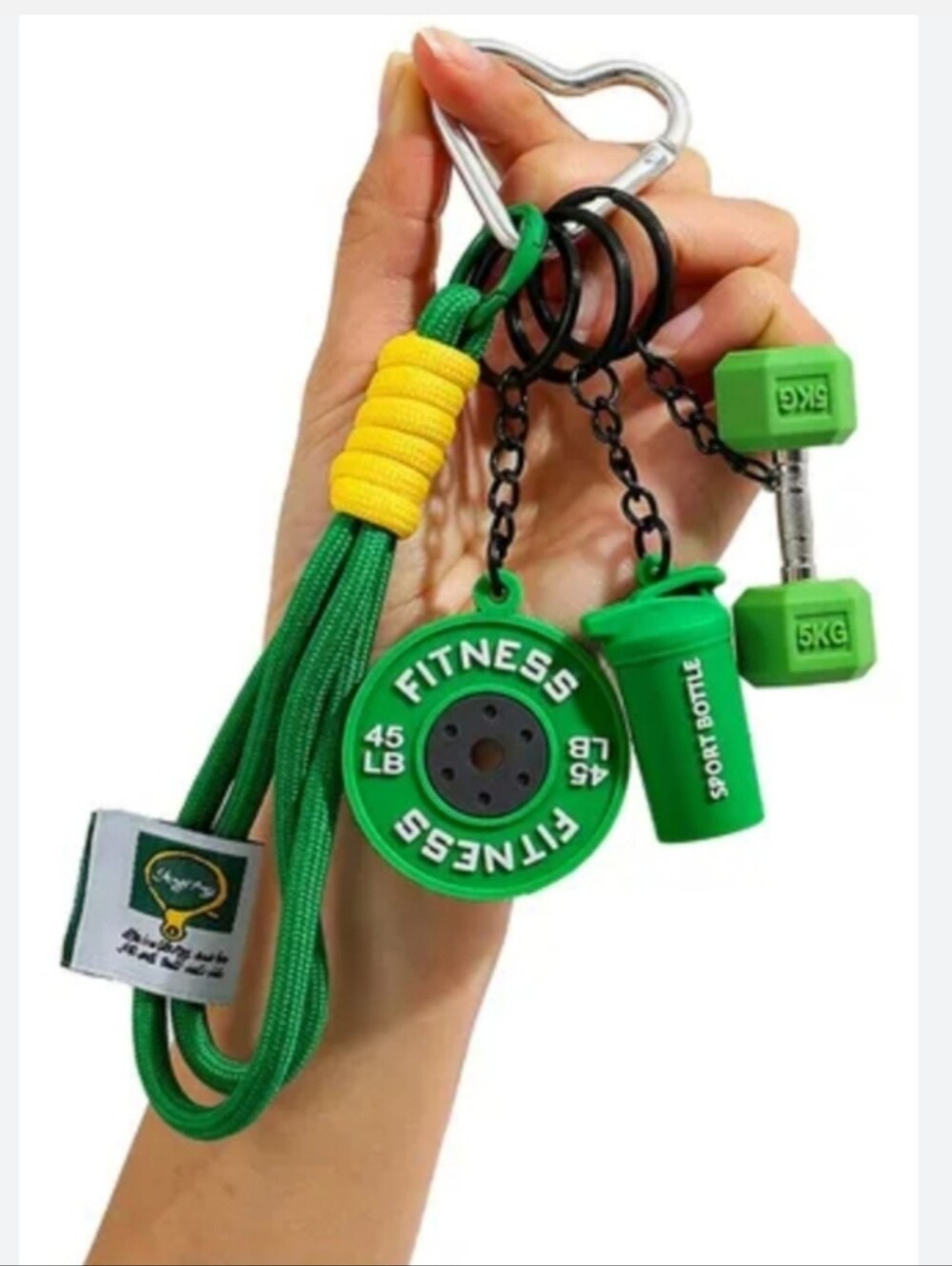 Green Fitness Dumbbell & Bottle Keychain Set